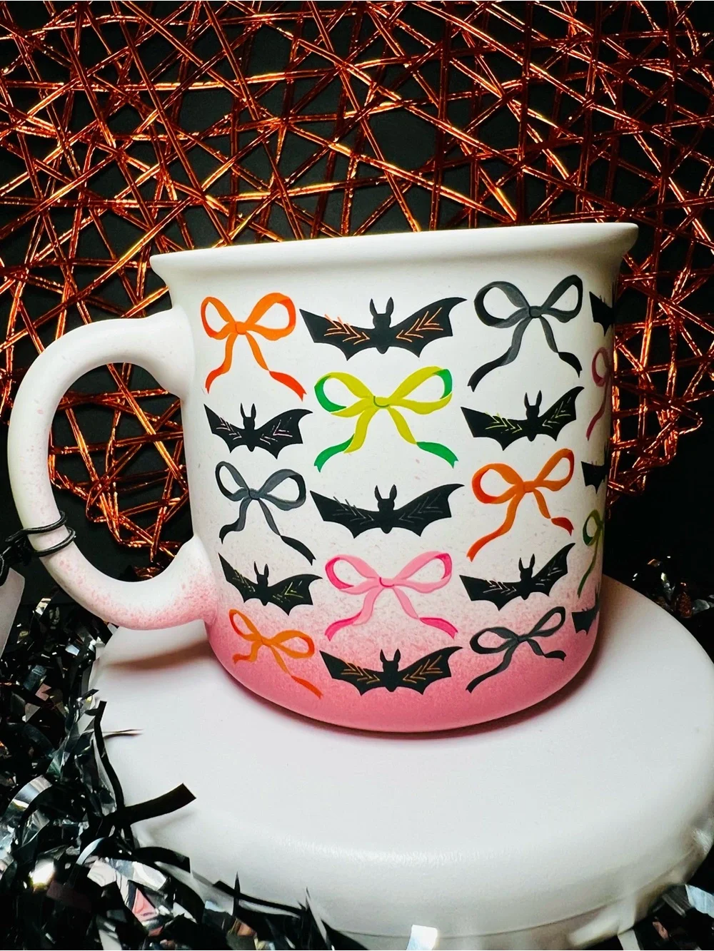 Halloween Pink Ombré Mug Ribbon Bows & Black Vampire Bats Stoneware